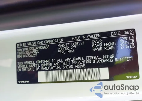 2022 Volvo Xc60 B5 Inscription z USA, uszkodzony, nr VIN YV4L12DL6N1909658